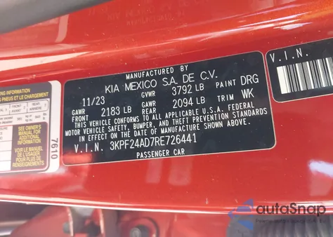 2024 Kia Forte Lxs z USA, uszkodzony, nr VIN 3KPF24AD7RE726441